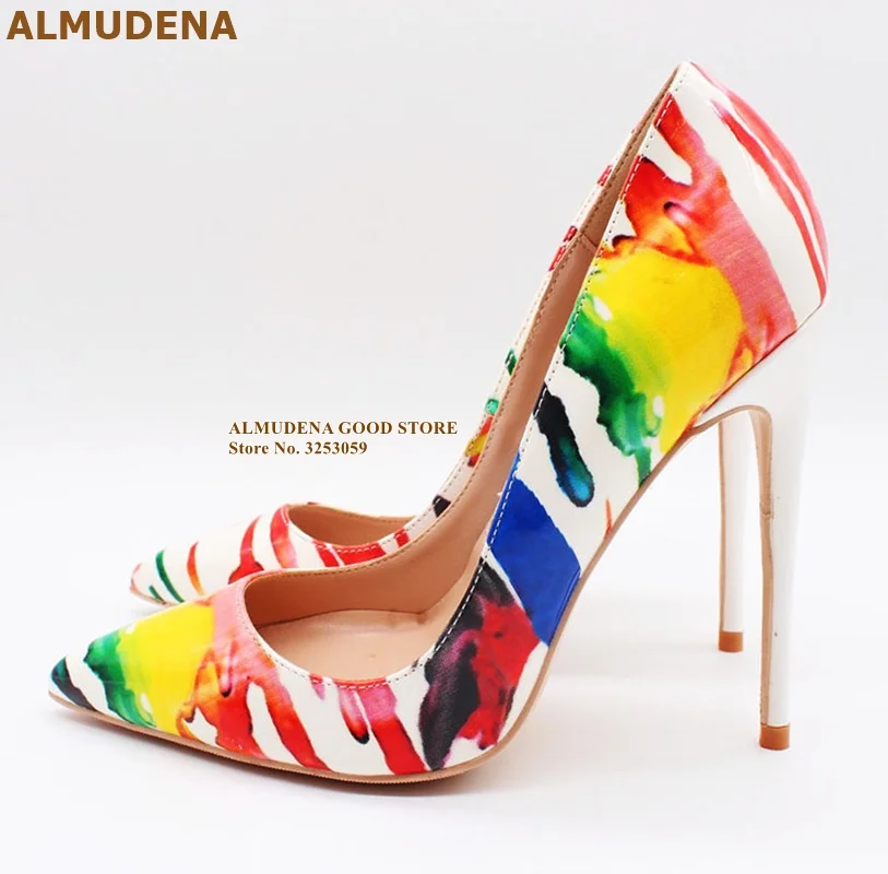 ALMUDENA 12 cm weiße High Heels gemischte Farben Kleid Pumps Graffiti gedruckt Hochzeitsschuhe rot blau gelb gemischte Farbe Partyschuhe