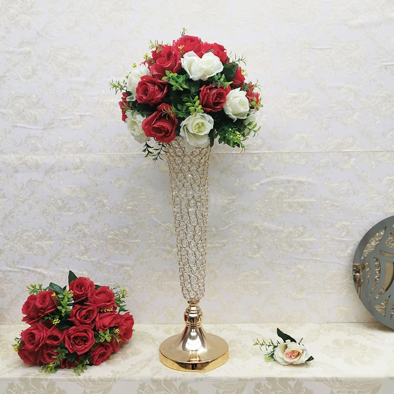 Gold Crystal Flower Vase Wedding Table Centerpieces Event Floor Road Lead Flower Holders Home Decor Flowers Stand 10pcs