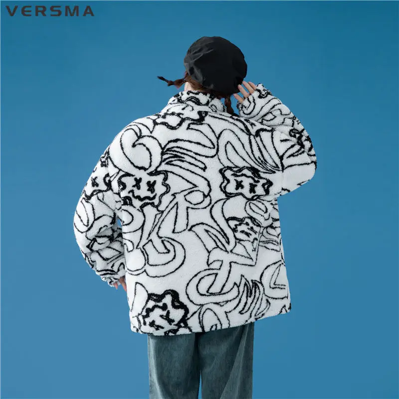 VERSMA Japanese Chic Graffiti Print Lamb Wool Jacket Coat Men Women Thick Oversized Stand Collar Unisex Parkas Male Dropshipping