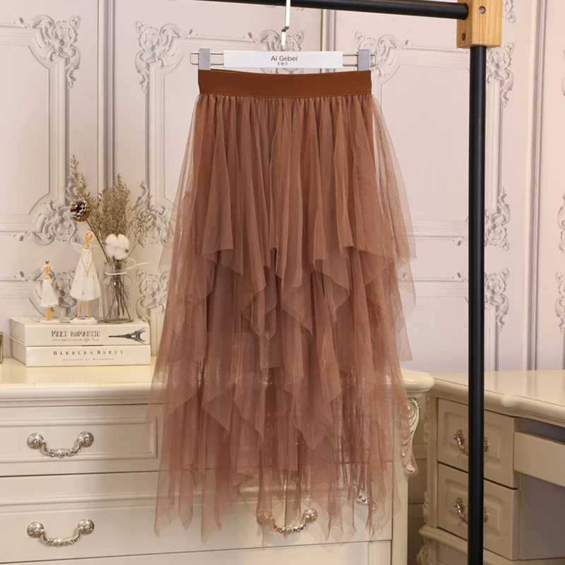 Jupe longue plissée en Tulle pour femme, vêtement élastique à la mode, taille haute, maille, Tutu, Maxi, Midi, collection 2020