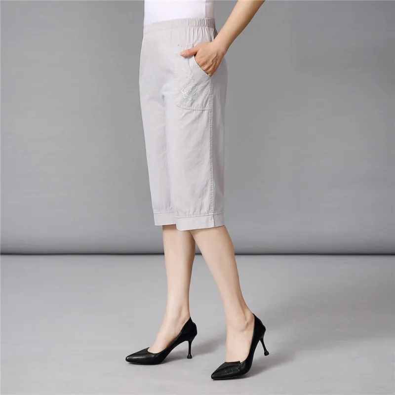 Summer Women Cropped Pants Middle-aged Lady Elastic Waist Loose Casual Pants Cotton Thin Female Sweatpants