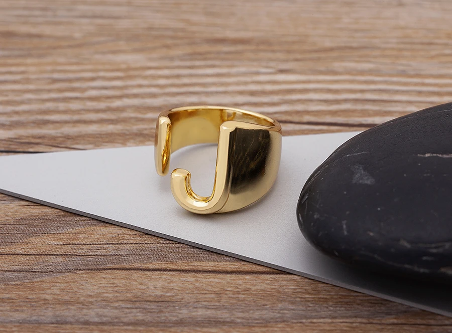 Trendy Hollow A-Z Letter Gold Color Adjustable Opening Ring Initials Name Alphabet Female Chunky Wide Party Wedding Jewelry