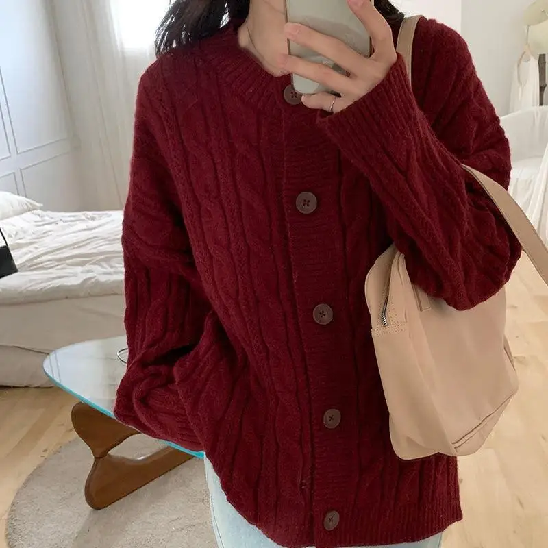 New Wine Red Cardigan Sweater Korean Vintage Fried Dough Knitting Single Breasted Style Black O-Neck Loose Sweater Coat