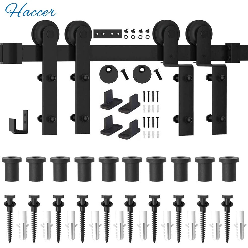 Haccer I-Shaped Bent Sliding Barn Door Hardware 4-16FT Black Track Roller System for Kitchen Door Intreior Door