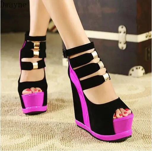 Woman Shoes Summer Genuine Women Platform Thick Soles Sandals Wedges High heel 14cm Peep Toe Mixed Colors Sexy Shoes uij89