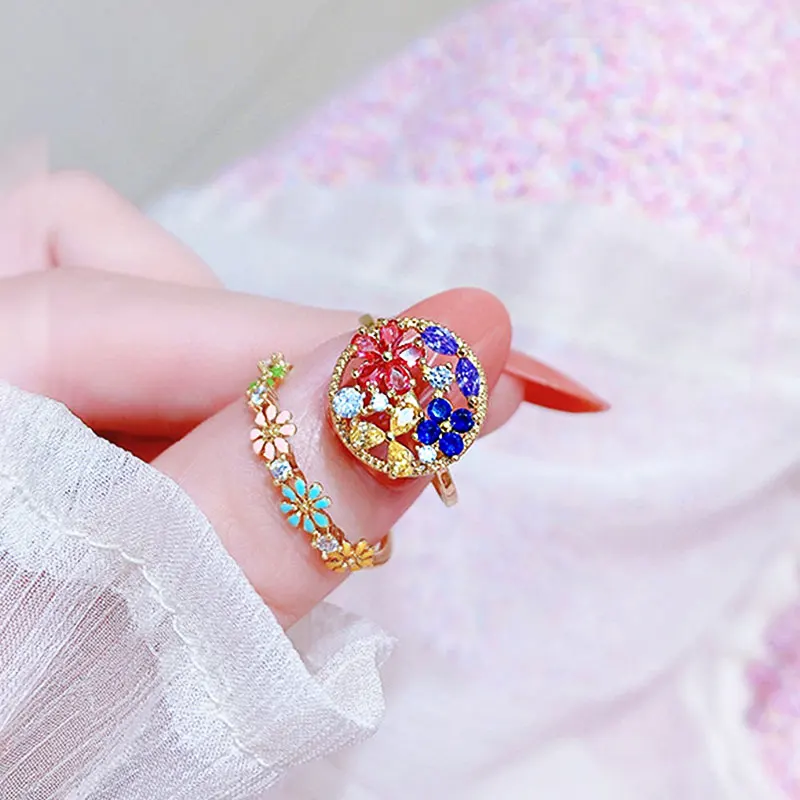 Minimalist Rings Colorful Flower AAA Zircon Adjustable Ring Vintage Exquisite Luxury Ring Cute Daily Fine Rings Accessories Gift