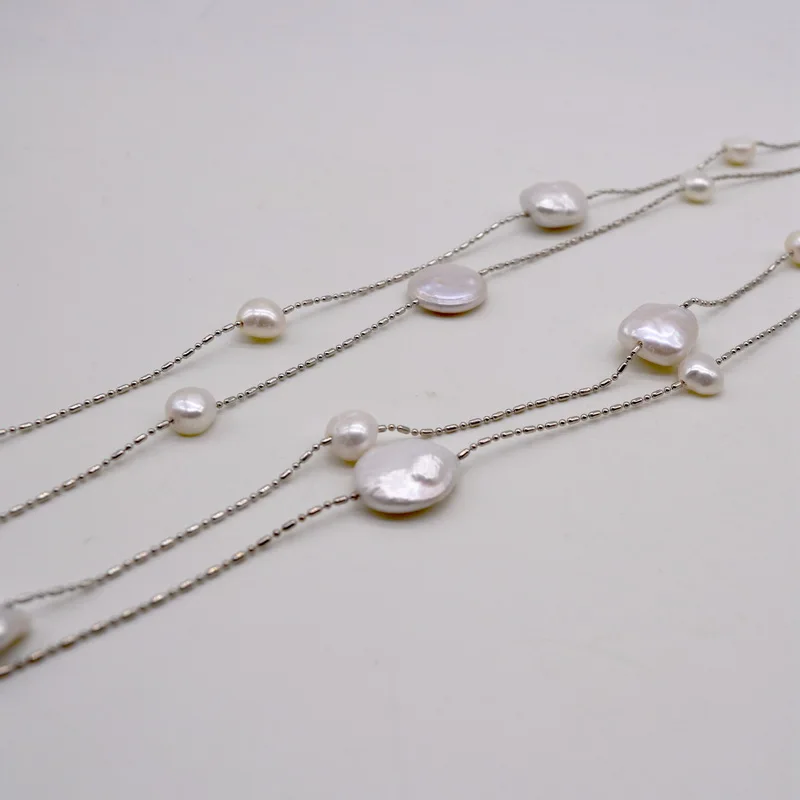 Women Long Necklace White Natural Freshwater Pearl Design Necklace Baroque Pearl Double Layer Sweater Necklace Luxury Jewelry