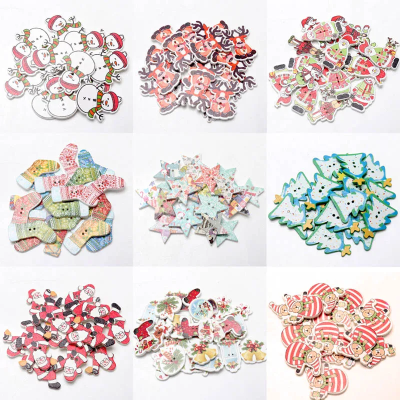 50pcs/pack Mix Christmas Decorative Wooden Buttons DIY 2 Holes Handmade Scrapbooking For craft Supplies Sewing Accessories