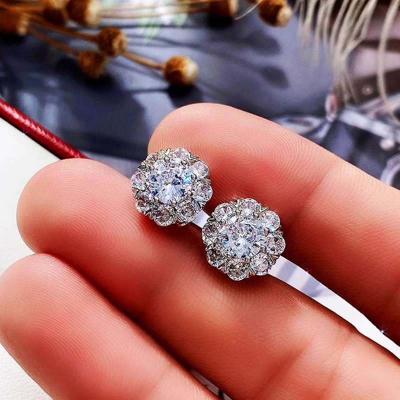Huitan Fancy Flower Shaped Stud Earrings with Full Crystal Cubic Zirconia Shiny Women\'s Earrings New Fashion Jewelry Wholesale