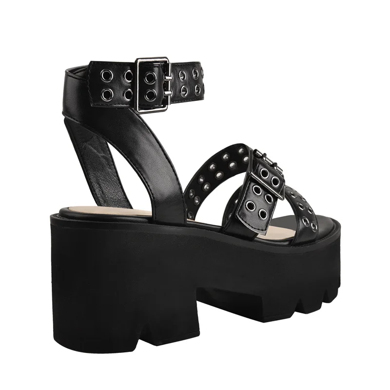 Onlymaker Women Round Toe Platform Sandals Matte Black Rivet Hollow Ankle Buckle Chunky High Heel Large Size Punk Sandals