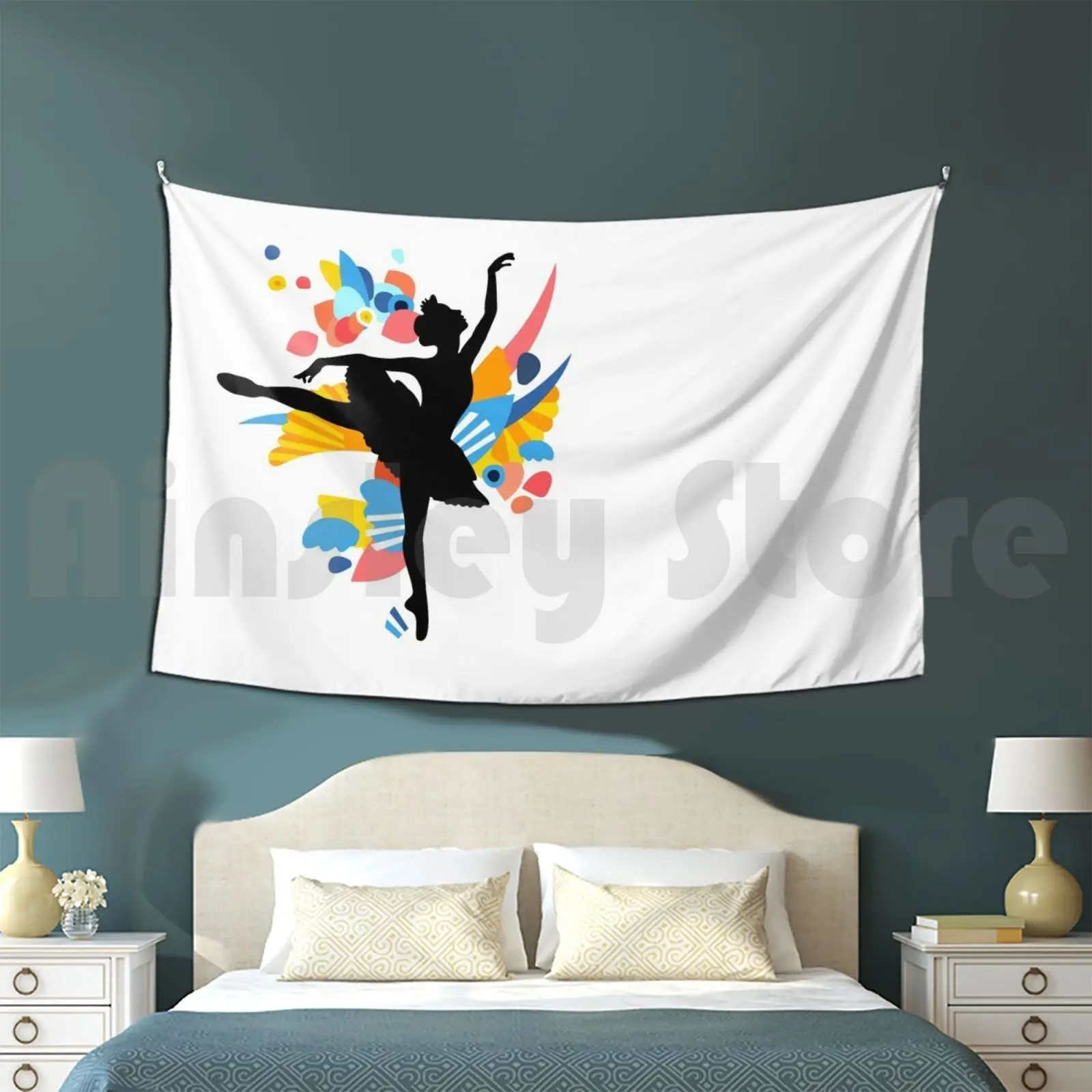 Colorful Dancing Ballerina Silhouette Tapestry Living Room Bedroom Black White Brushes Abstract Party Rainbow