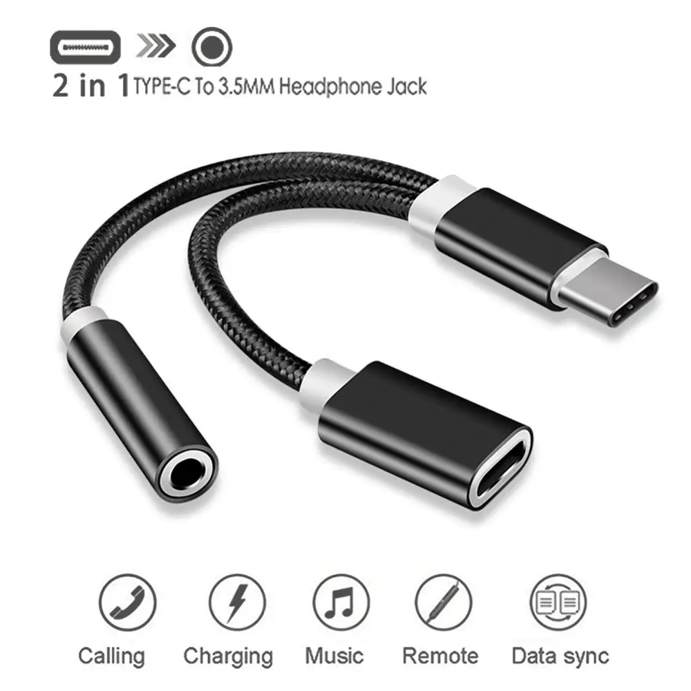 نايلون 2 في 1 Type-C إلى 3.5 مللي متر شاحن سماعة الصوت جاك USB C كابل نوع-C إلى 3.5 مللي متر موصل محول للهاتف المحمول