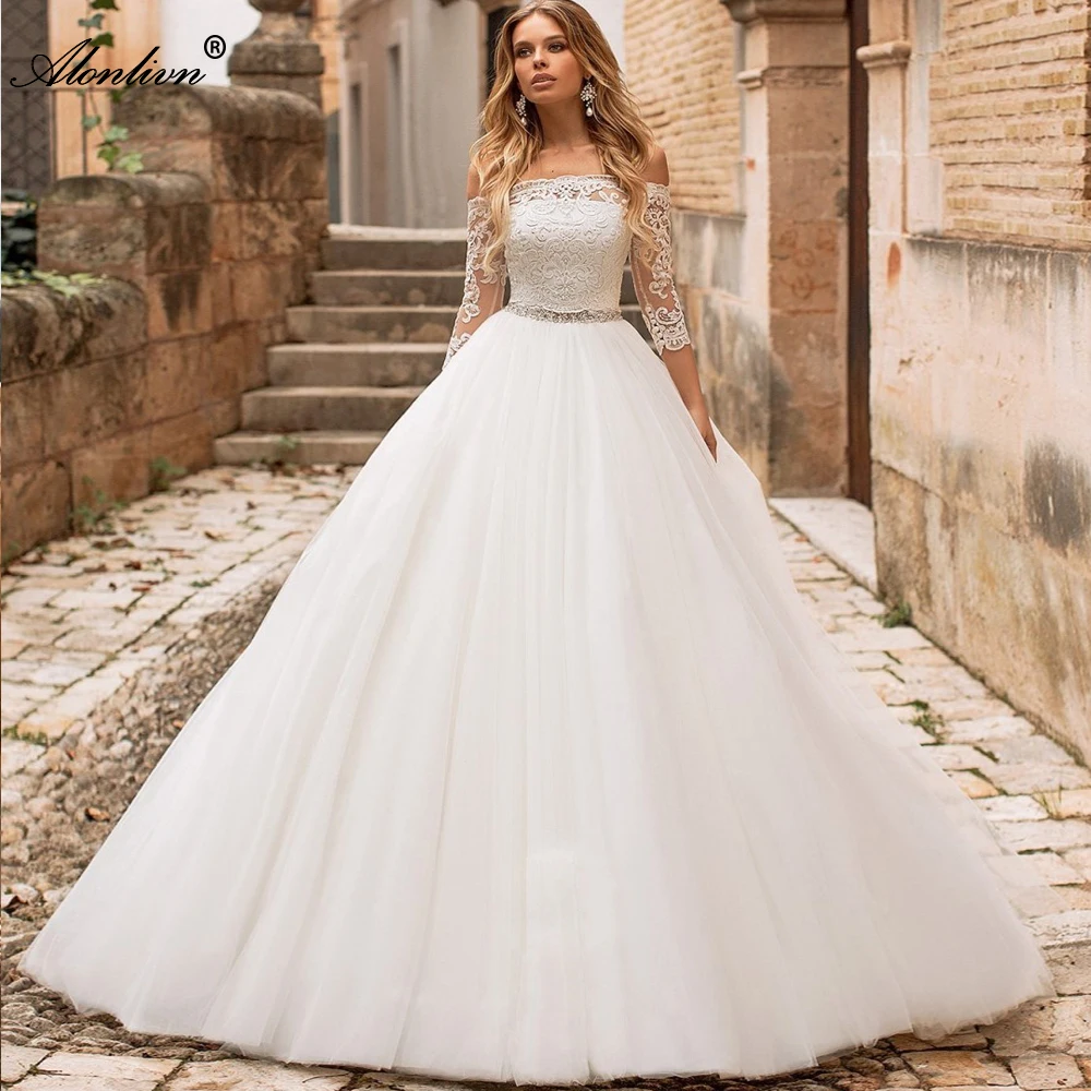 

Alonlivn High-end Vestido de Noiva Boat Neck Elegant Tulle A-Line Wedding Dress Bride Skirts