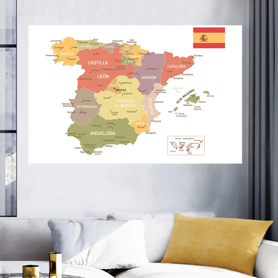 Imagem -04 - Mapa da Espanha em Espanhol Grande Parede Cartaz Não-tecido Lona Pintura Escritório Casa Decoração Crianças Material Escolar 225*150 cm o