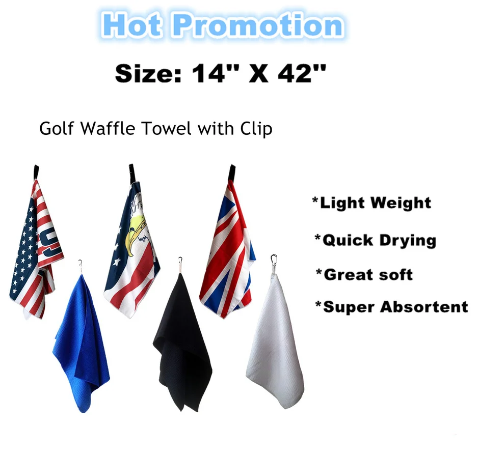 Large Size 35x106 cm Golf Towels for Golf Bags with Clip Microfiber Waffle Balls Clubs Cleaner for Men Women