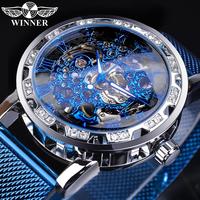 Winner Fashion Diamond Display Men's Business Clock Blue Steel Mechanical Classic Royal Gear Movement Mechanical Skeleton Watch