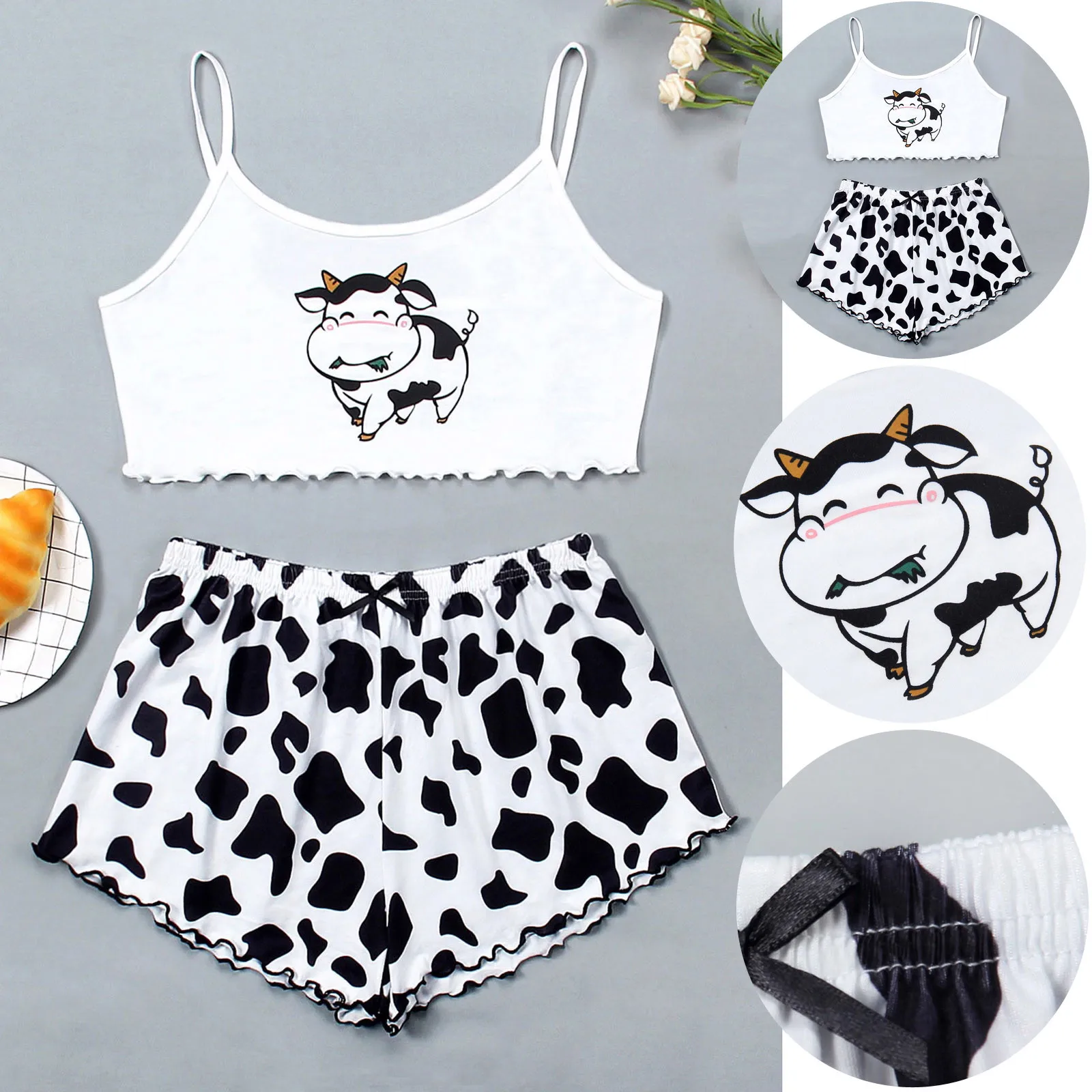 Milk Cow Print Pajama Set Summer Sexy Sleepwear Pyjamas Women Sweet Soft Comfortable 2 Piece Home Suit Loungewear Lingerie Y2k