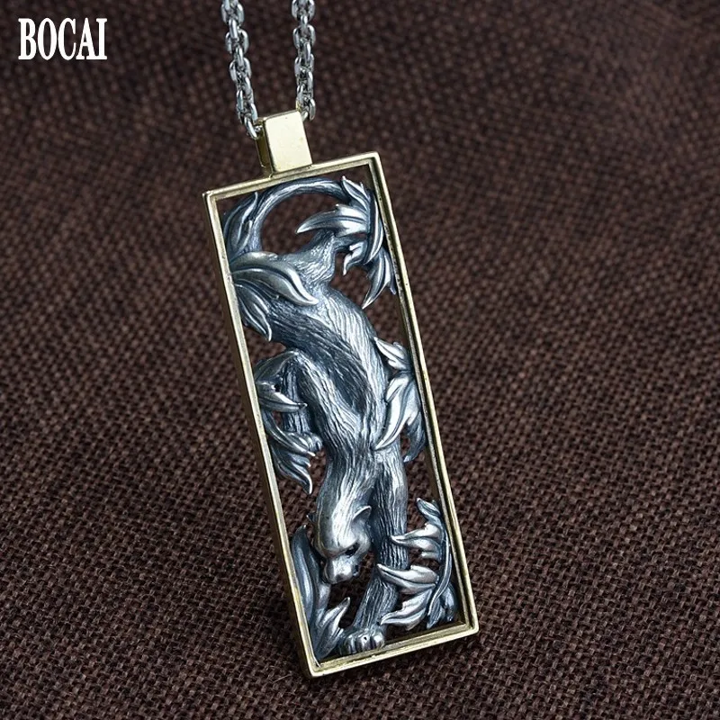 BOCAI New solid s925 pure silver Man pendant three-dimensional engraved leopard copper frame rectangular Thai silver pendant