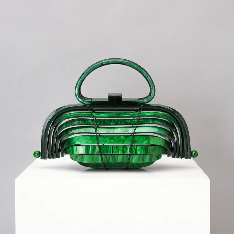 29x14CM 2020 Acrylic Bird Cage Bamboo Basket Bag Hollow Bag Hand Bag Holiday Beach Weave Handbag a6103