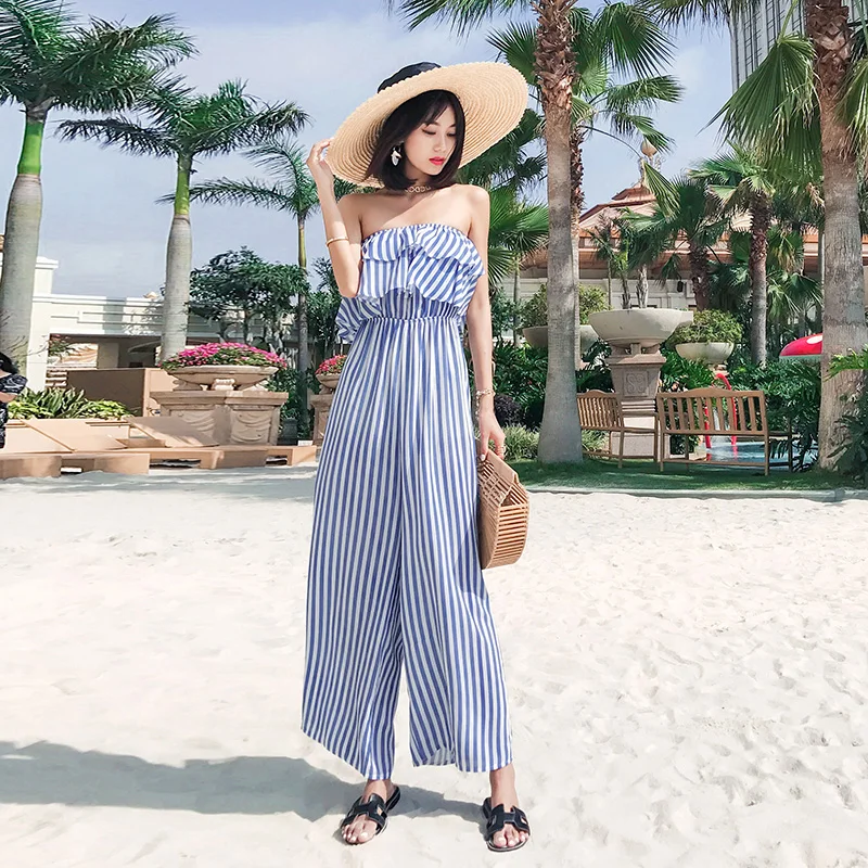 

Ruffle Stripe Beach Jumpsuits Women 2021 Casual Simple Jumpsuit Holiday Off Shoulder Lotus Leaf Wide Leg Long Pants Playsuits