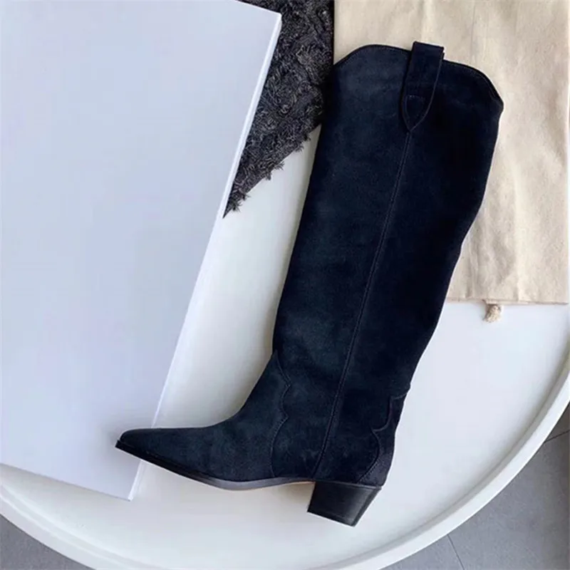 2024 New Cow Suede Women Riding Boots Retro Slip-on Chunky Heel Shoes Knee High Boots Pointed Toe Autumn Ladies Motarcycle Botas