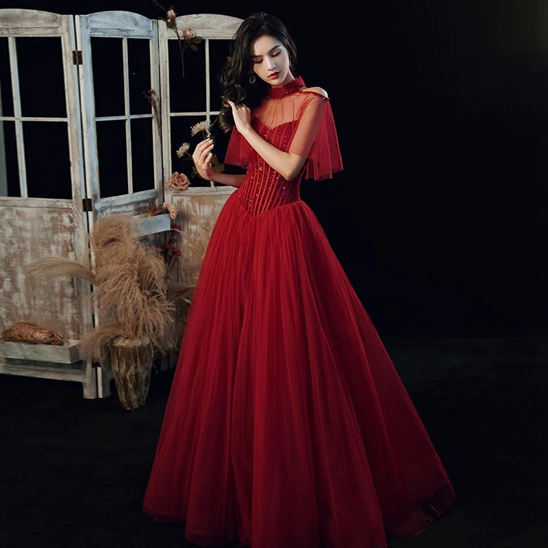 Burgundy Off Shoulder Evening Dresses Fashion Slim Long Ball Gown Party Prom Dress Toast Clothing Robe