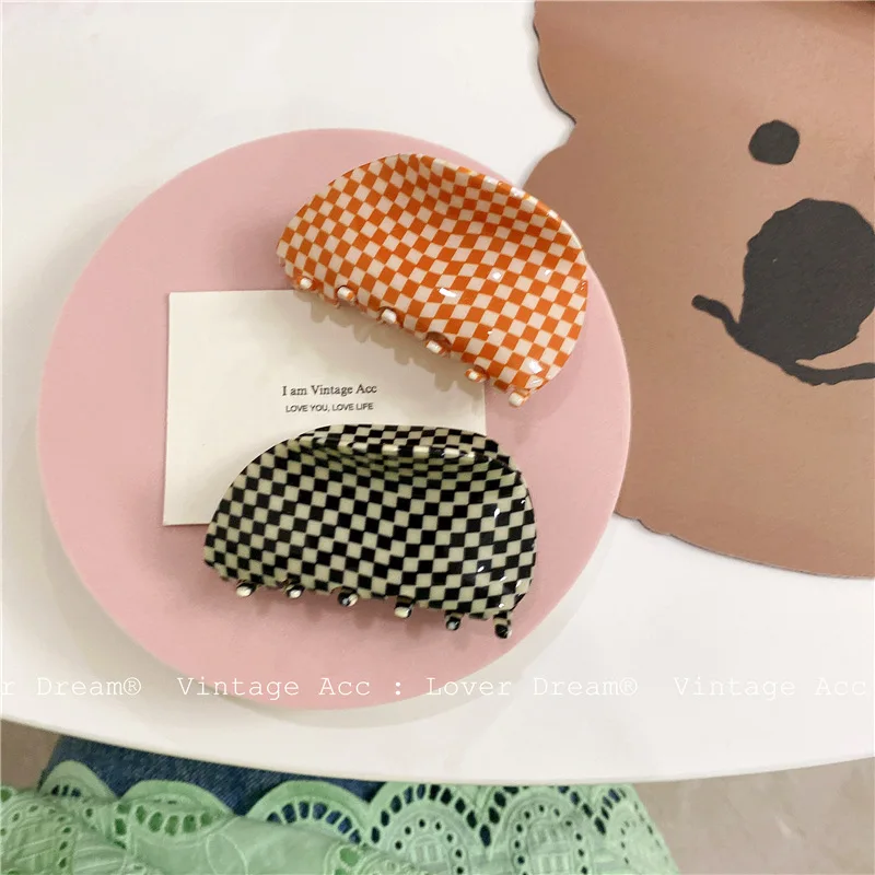 Hot Ins Checkered Hair Claw Clip Acrylic Acetate Black White Colorful Mosaic Grid Plaid Hair Clips Clamp Grab Women Accessories