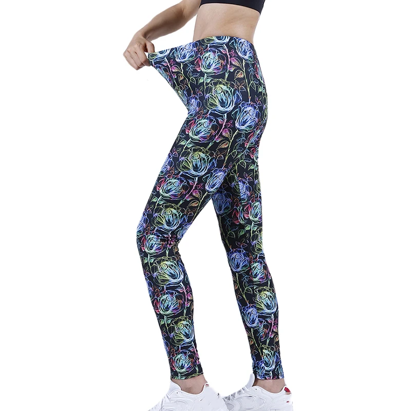 

YSDNCHI Women Sexy Elastic Casual Leggings Ladies NEW Rose Fluorescence Floral Printed Pants Tight Sports Running Workout