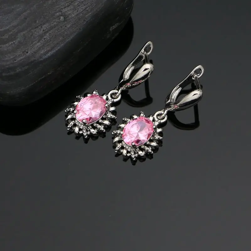 Oval Pendant Earrings Adjustable Ring Chain 925 Sterling Silver Jewelry Set Pink Stone Jewelry Classic Female Accessory