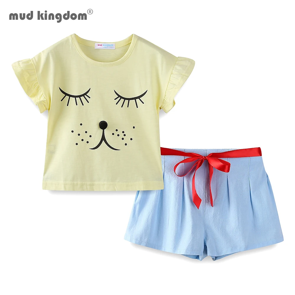 

Mudkingdom Summer Girls Clothes Set Funny Closed Eye Puppy Girl Short Sets Cartoon Dog Clothes Suit for Girls Ruffle Sleeve Cute