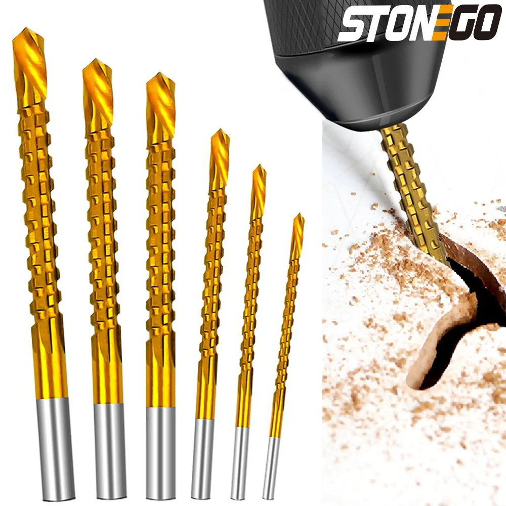 STONEGO 6PCS/Set Titanium Coated Drill Bit Spiral Jagged Saw Drill Bit Composite Drill Bit Twist Drill Bit