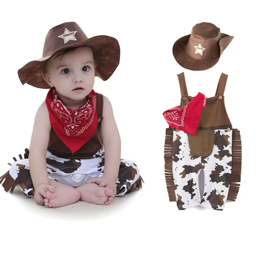 

3pcs Baby Toddler Boys Girl Carnival Clothes Set Newborn Baby Infant Cowboy Bodysuit Scarf Hat Costume Cowboy Suit 0-18M