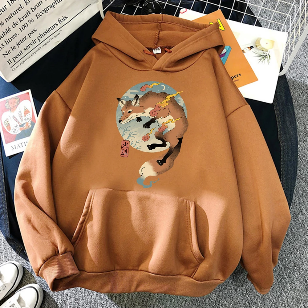 Sweatshirt Fire Cartoon Fox Japanese Printing New Hoodies Men Streetwear Harajuku Pullovers Mens Oversize Retro Men\'s Clothing