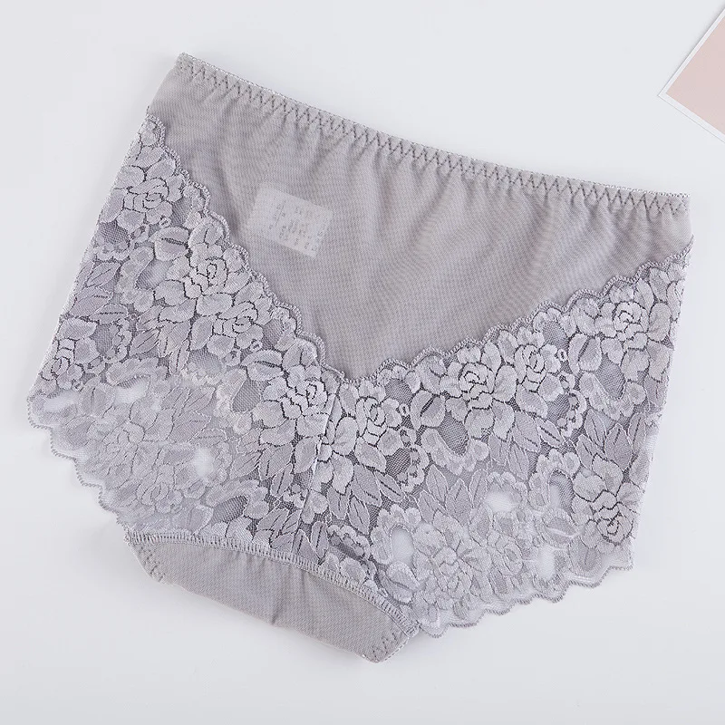 Bragas sexys de malla para mujer, ropa interior de encaje sin costuras de cintura alta, suave transparente, bragas de algodón para la salud, lencería XXXL