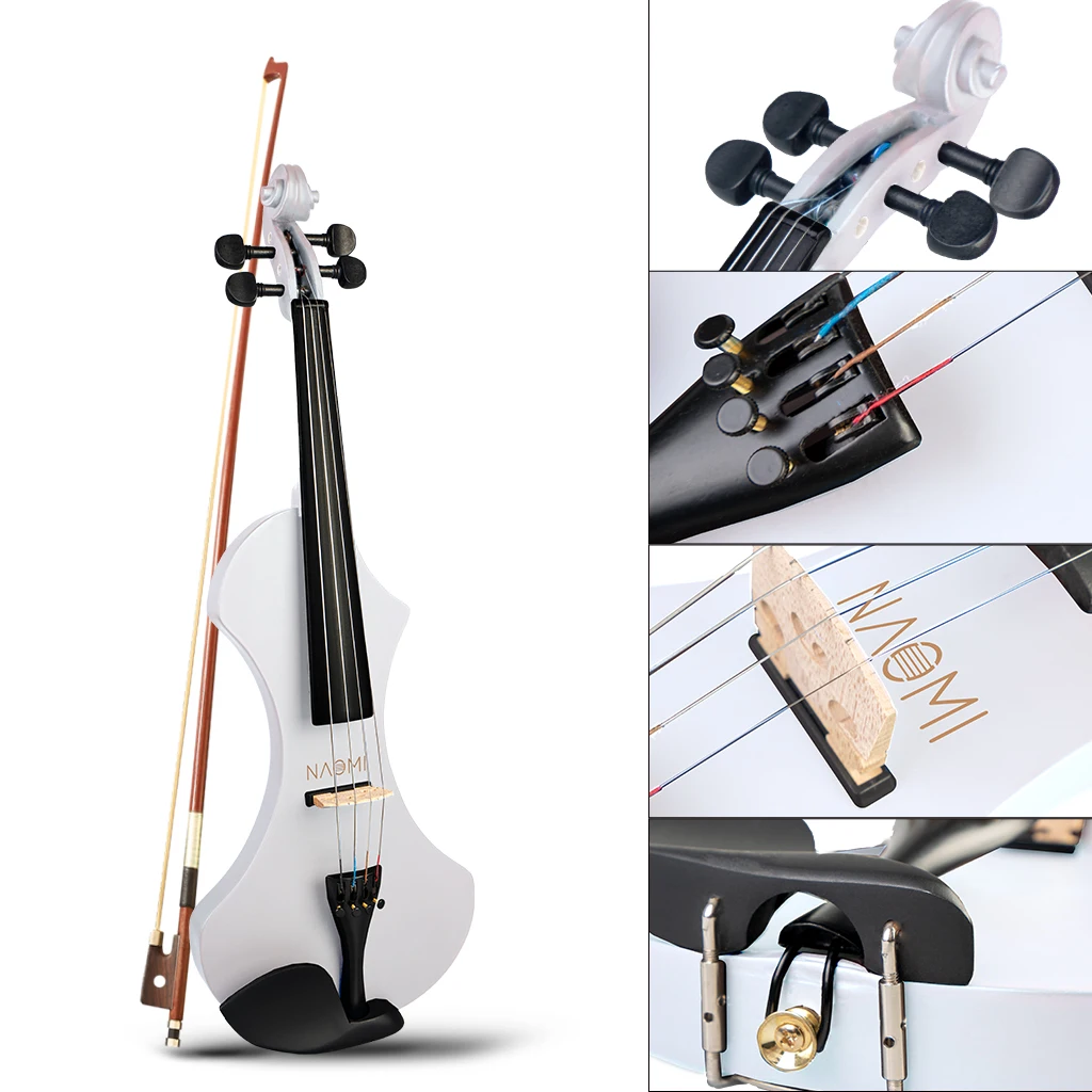 NAOMI Electric Violin-V1WH Fiddle Set W/ Brazilwood Bow+Rosin+Audio Cable+Bridge+Violin Case Solidwood 4/4 Silent Violin Fiddle