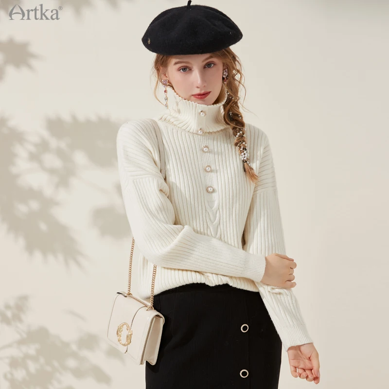 ARTKA 2021 Autumn New Women Sweater 3 Colors Elegant Knitting Sweaters Turtleneck Pullover Long Sleeve White Sweater YB22019D