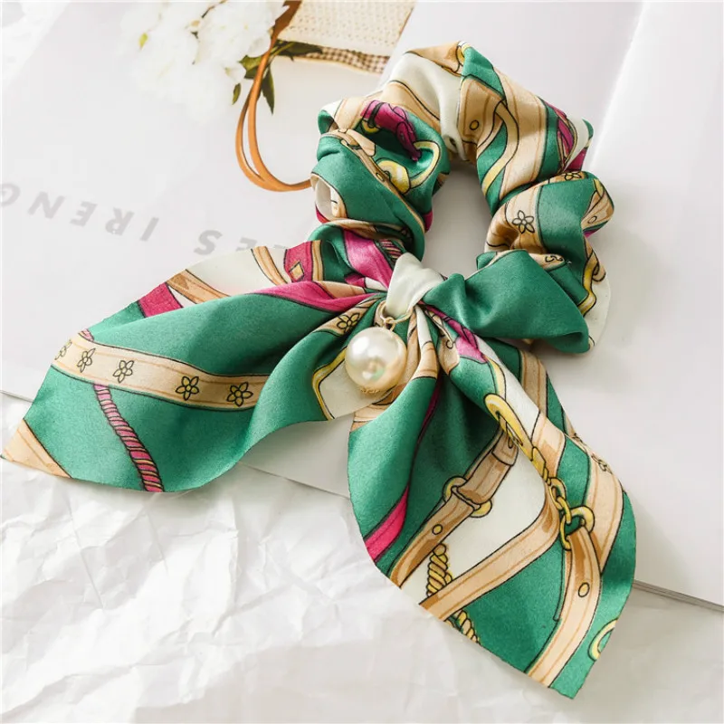 New Chiffon Bowknot Silk Hair Scrunchies Women Pearl Ponytail Holder Hair Tie Hair Rope Rubber Bands Hair Accessories Headwear