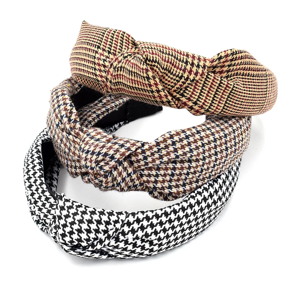 Classic British plaid style houndstooth girl headband fabric wide hairpin woman retro hair accessories