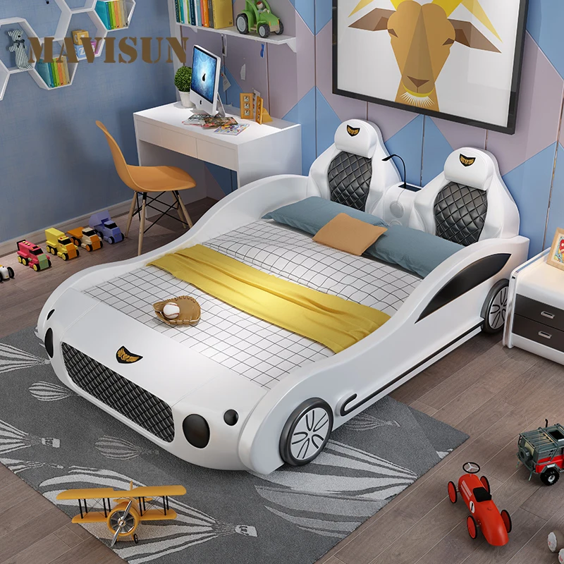 Children\'s Bed Boy With Guardrail Single Bed Sports Car Shape Car Bed All Solid Wood Frame Environmental Protection Leather Bed