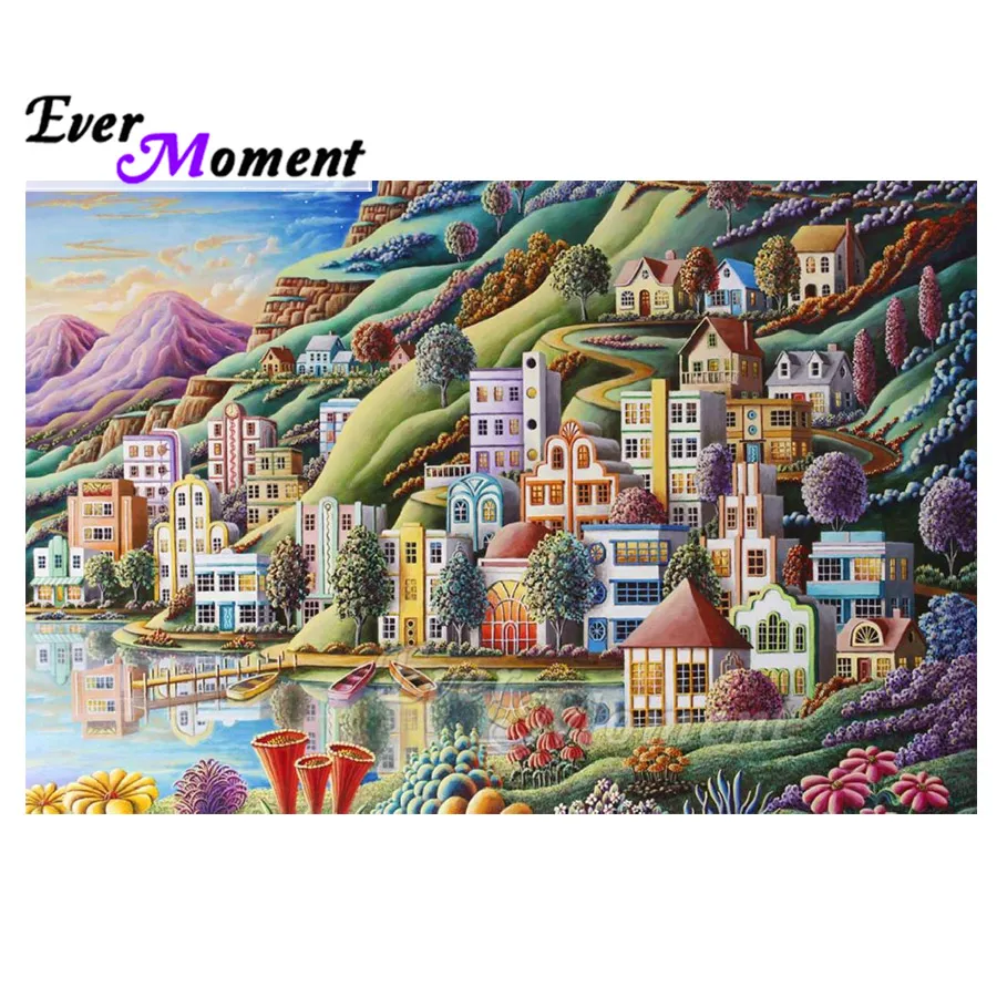 Ever Moment Diamond Painting Picture Of Rhinestone Mosaic Colorful Buildings Seaside Full Square Diamond Embroidery ASF1828