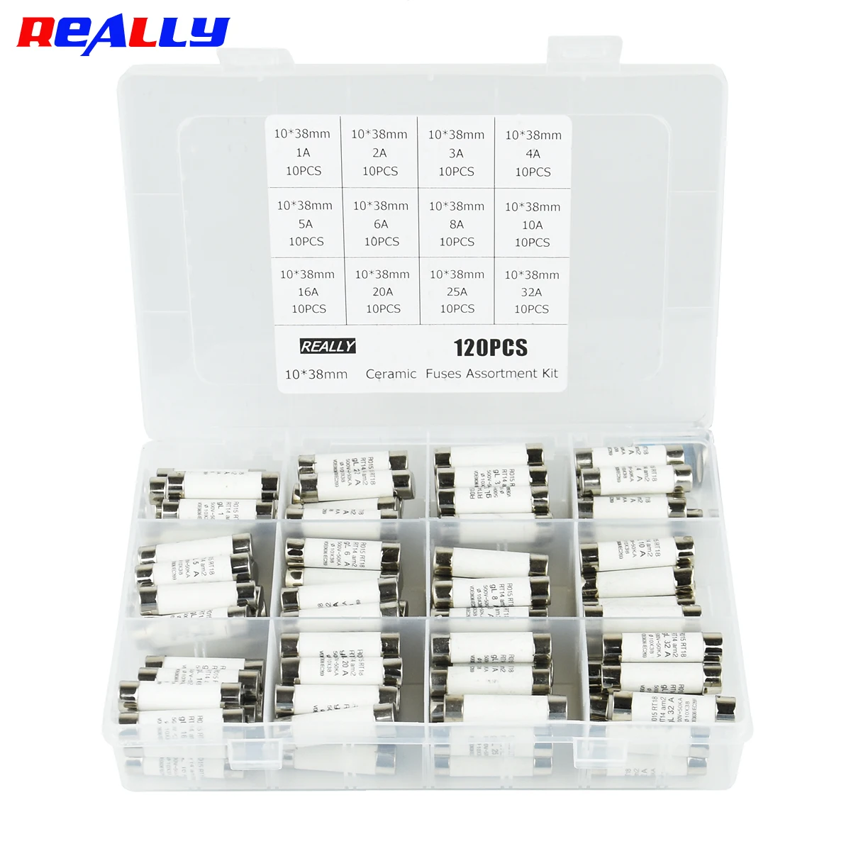 120pcs 12 Values Ceramic Fuse Assorted Kit 10x38mm 500V 1A 2A 3A 4A 5A 6A 8A 10A 16A 20A 25A 32A Tube Fuses with Plastic Box