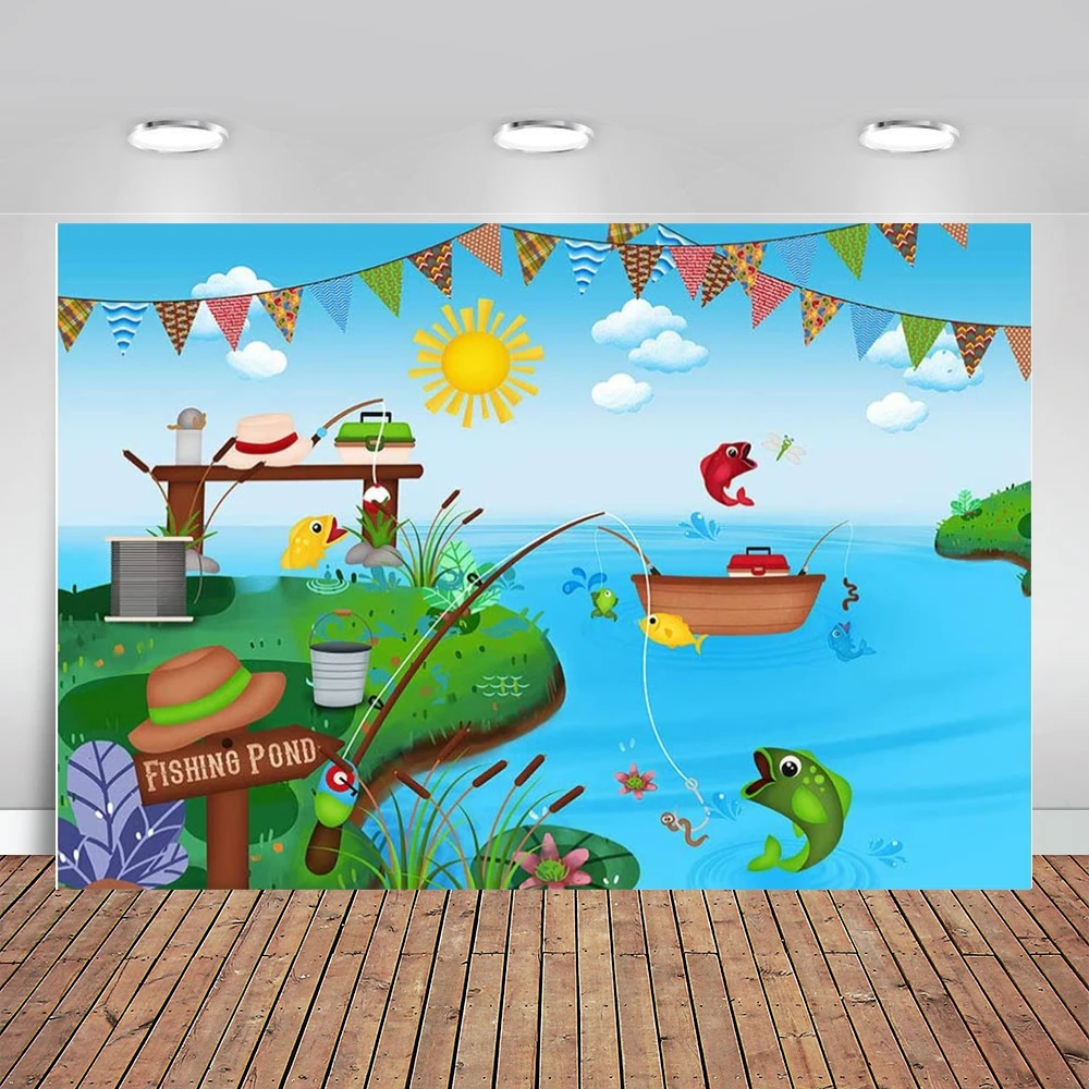 Summer Nature Pond Backdrop Fishing Rod Reel Fish Baby Shower Birthday Party Banner Kids Boys or Girls Cake Table Background