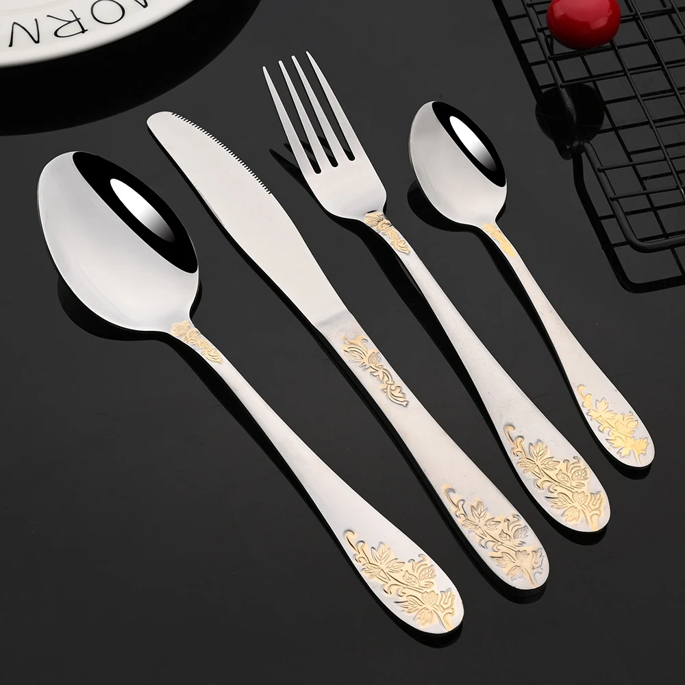 

2/4/6Set Dinnerware Cutlery Set Stainless Steel Flatware Gold Flower Pattern Knife Fork Tea Spoon Kitchen Home Tableware Set