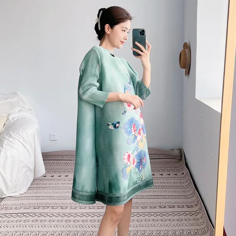 

2021 autumn new temperament dress miyake pleated chinese style vintage loose thin women's folda printed knee-length dress