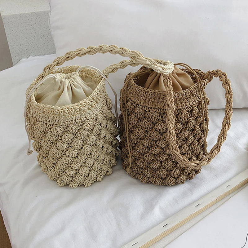 Yogodlns Sommer Stroh Umhängetasche Frauen Große Kapazität Rattan Eimer Tasche Handarbeit Gewebt Strand Tasche Mode Urlaub Handtasche Tote – Detail 26