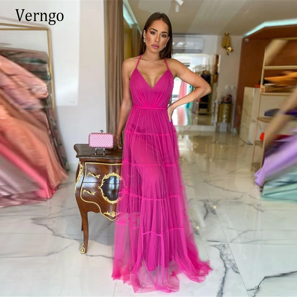 Verngo 2021 Hot Pink Tulle A Line abiti da ballo lunghi Sexy Halter Criss Cross Backless lunghezza del pavimento abiti da sera per occasioni