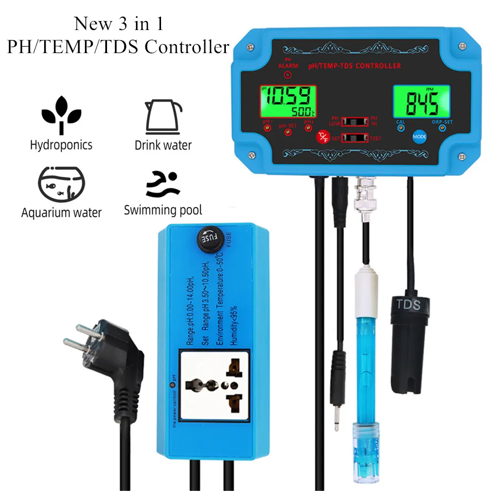 Nuovo Controller 3 in 1 PH/TEMP/TDS rilevatore di qualità dell\'acqua Controller pH con elettrodo Tester sonda tipo BNC per acquario 40% di sconto