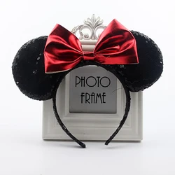 Full Bright Mickey Minnie Headband PU Bow Headdress Classic Mouse Ear Cartoon Hairband Child Adult Party Hair Accessories