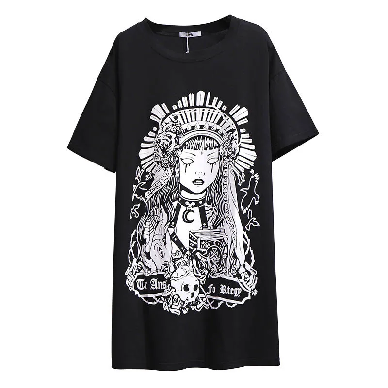 150Kg Plus Size Women\'s Summer Black Wind Witch Print T-Shirt Bust 157cm 6XL 7XL 8XL 9XL 10XL Loose Long O-Neck Short Sleeve Top