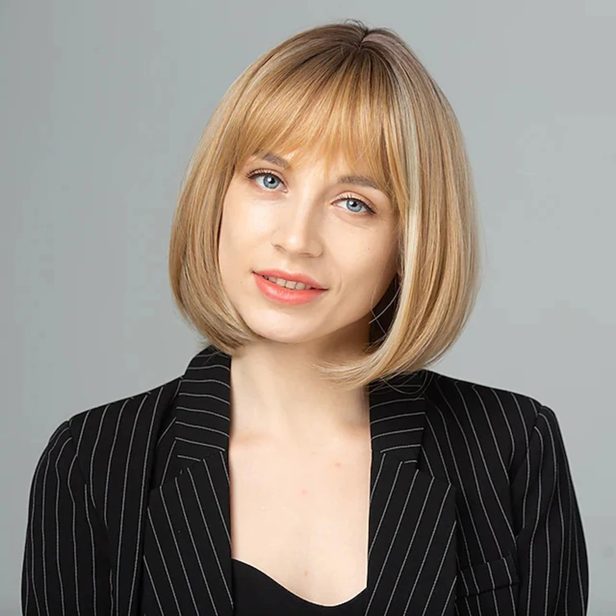 synthetic hair Wig Natural Straight Neat Bang Wig Short Light Blonde Hair Women's costume wig